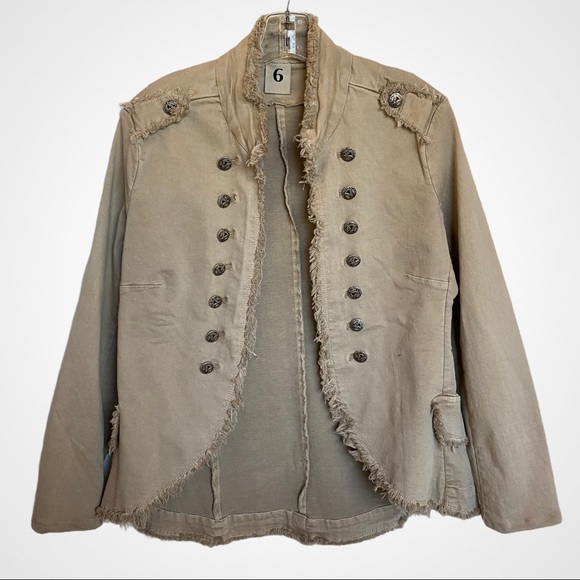 Long Sleeve Open Front Light Denim Military Jacket - Picture 3 of 12